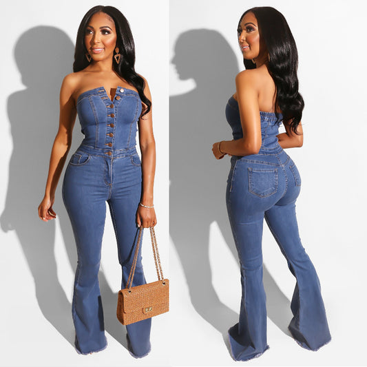 One-neck wrap-around wide-leg denim jumpsuit