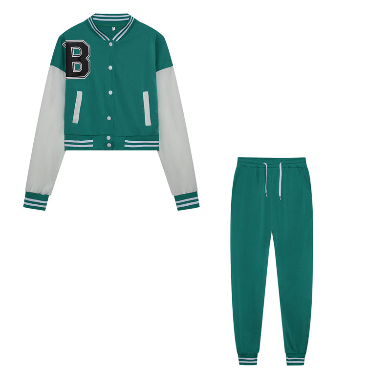 Women's B Letter Color Blocking Jacket Single Breasted Letter Printed Baseball Suit