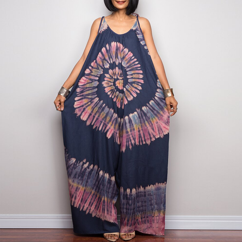 Tie-Dye Print Wide-Leg Tie-Up Loose Jumpsuit