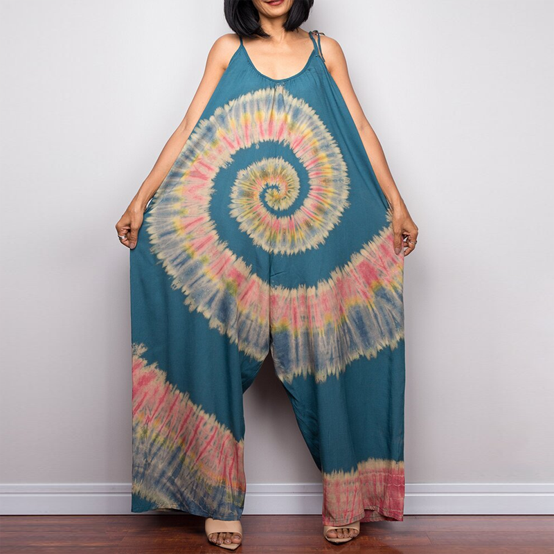 Tie-Dye Print Wide-Leg Tie-Up Loose Jumpsuit