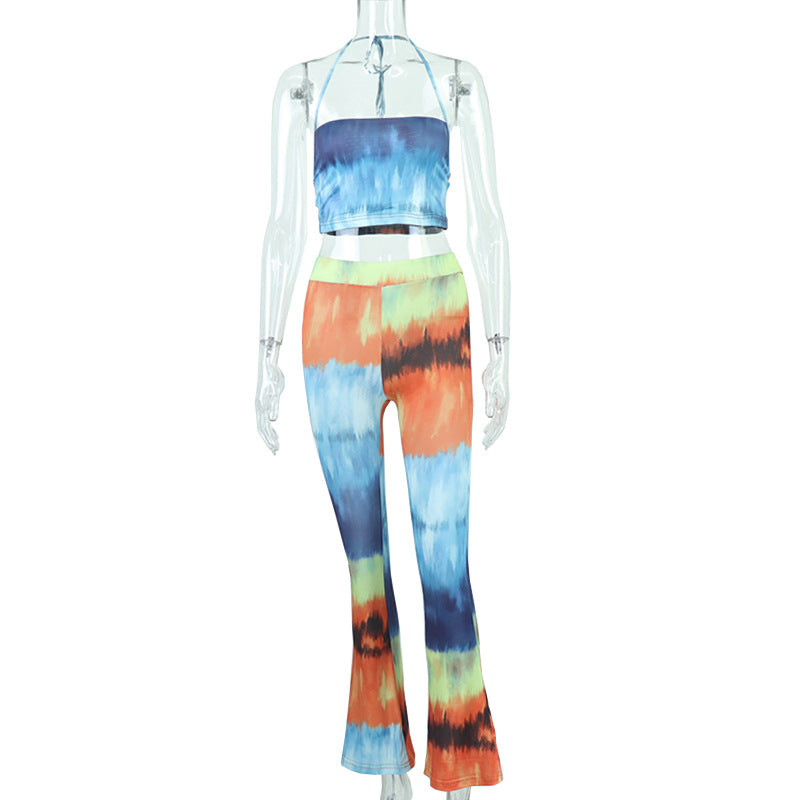 Fashion Suspender Vest High Waist Wide Leg Pants Printed Two-piece Casual Suit Women