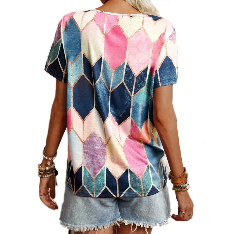 Women's Round Neck Diamond Retro Print Casual Top T-Shirt