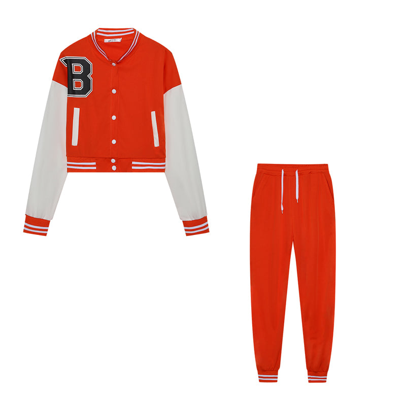 Women's B Letter Color Blocking Jacket Single Breasted Letter Printed Baseball Suit