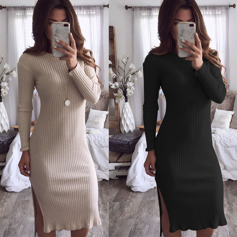 Fashion Women's Solid Color Long Sleeve Slim Knit Dress