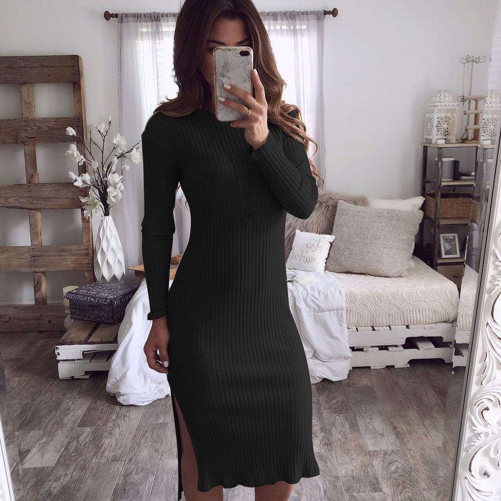 Fashion Women's Solid Color Long Sleeve Slim Knit Dress