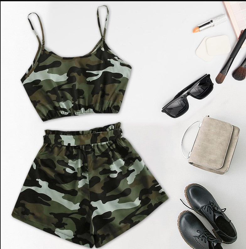 Camouflage Stitching European And American Sexy High Waist Two-piece Suit