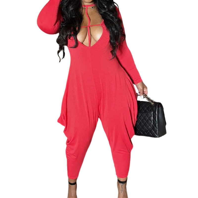 Women's Solid Round Neck Casual Long Sleeve Loose Jumpsuit