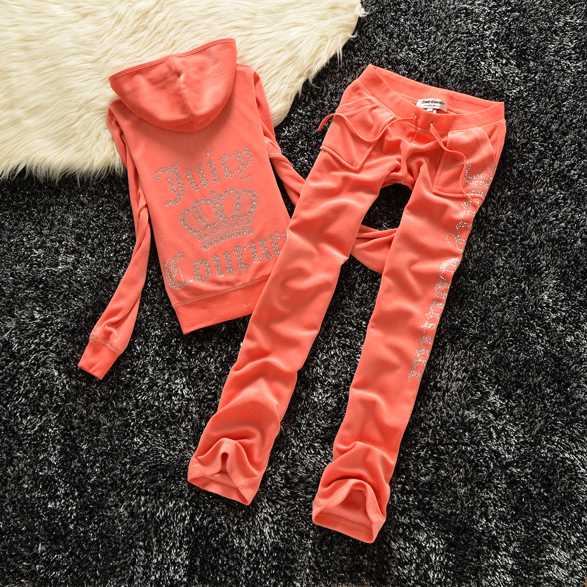 Gold Velvet Crown Hot Drill Letter Casual Sports Suit Women Hot Drill Two-piece Set