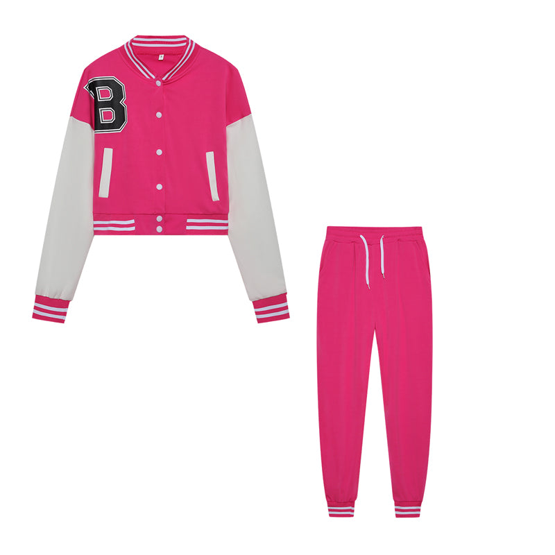 Women's B Letter Color Blocking Jacket Single Breasted Letter Printed Baseball Suit