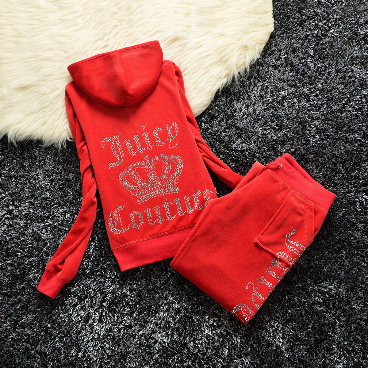 Gold Velvet Crown Hot Drill Letter Casual Sports Suit Women Hot Drill Two-piece Set