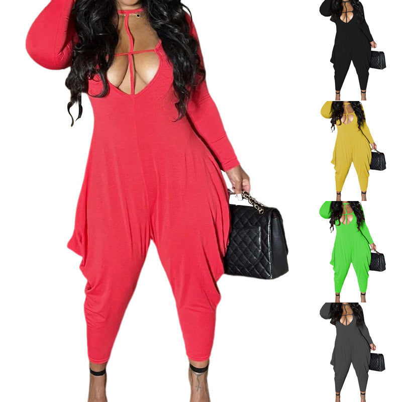 Women's Solid Round Neck Casual Long Sleeve Loose Jumpsuit