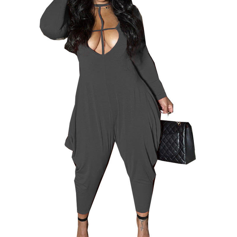 Women's Solid Round Neck Casual Long Sleeve Loose Jumpsuit