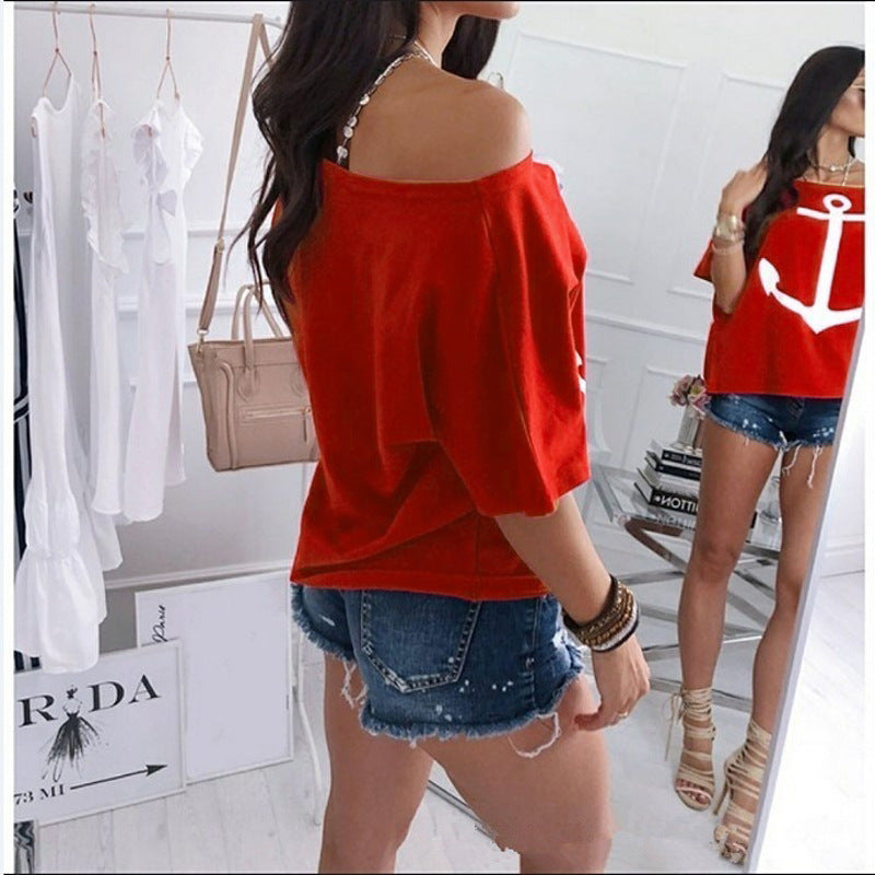 Loose Shoulder Bat Shirt Printed T-Shirt Women