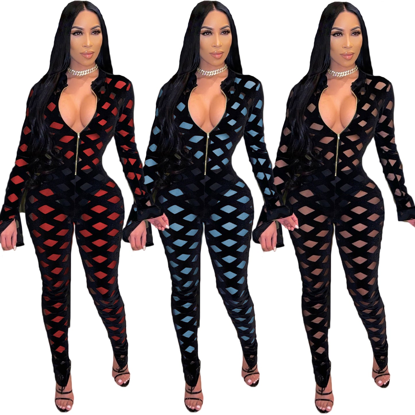 Fashion Hot Sale Mesh Flocking Sexy Fashion Women's European And American All-in-one Pants