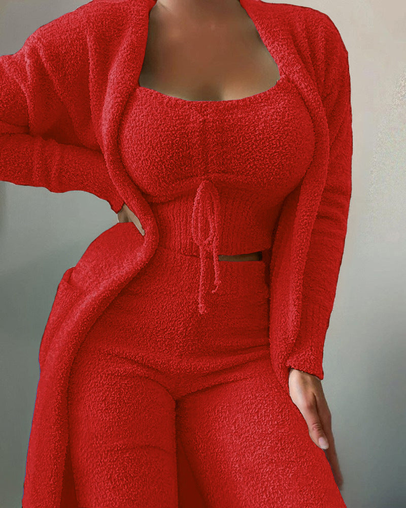 Autumn Winter Fashion Casual Plush Lace-up Cardigan 3 Pantsuits