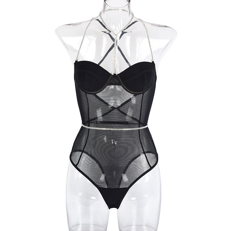 Metal Chain Suspender Top Sexy Halter Bodysuit