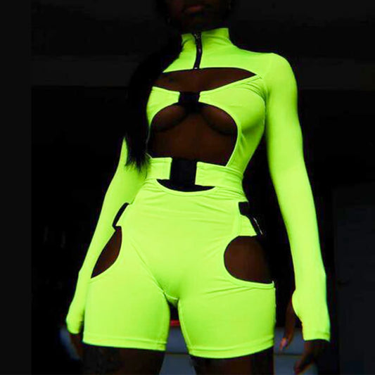 Spring Women's Shorts Fluorescent Green School Bag Button Long-sleeved Jumpsuit