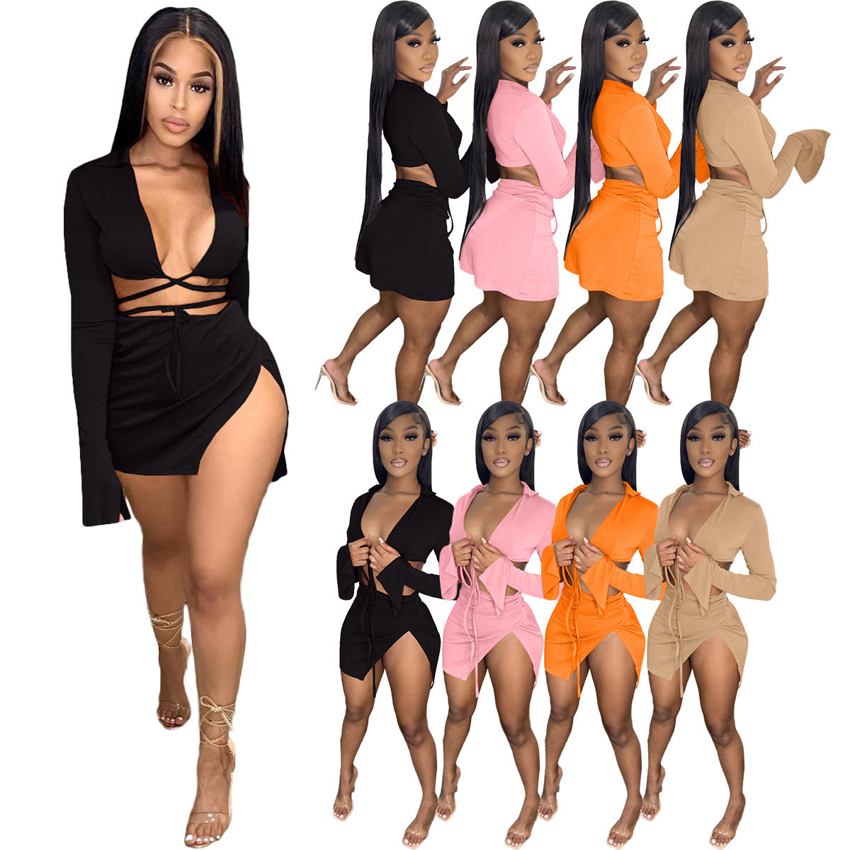 European And American Women's Clothing Spring And Summer Lace-up Long-sleeved Swimsuit Set