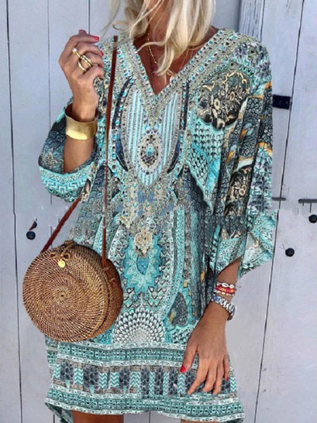 Bohemian V-neck long sleeve printed casual dress