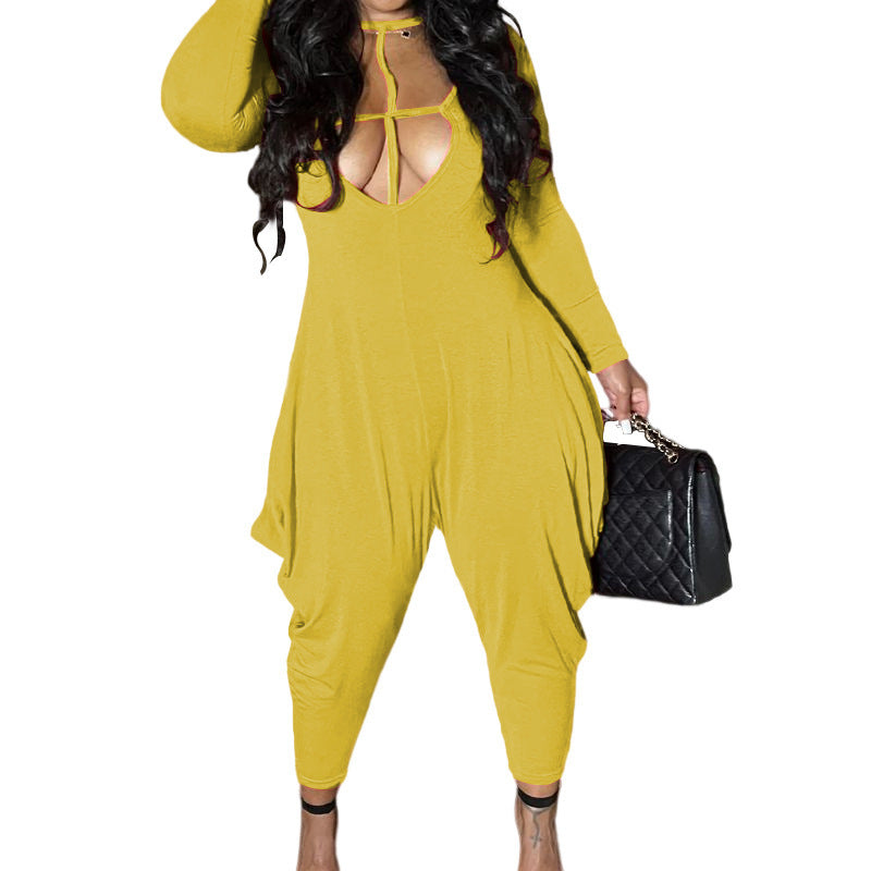 Women's Solid Round Neck Casual Long Sleeve Loose Jumpsuit