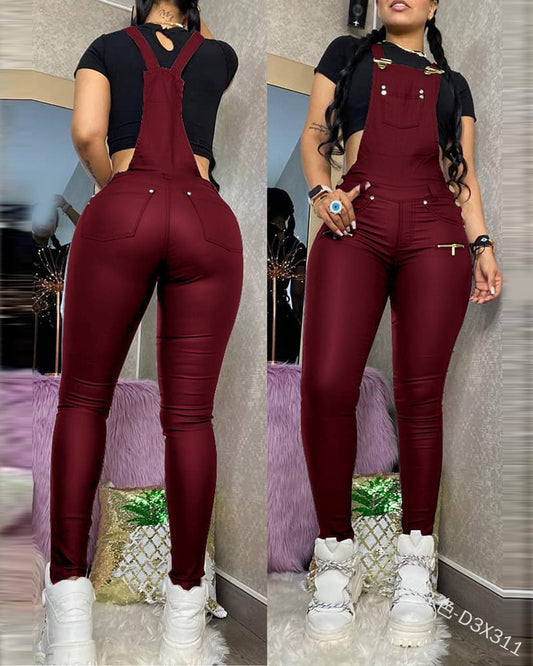 Slim-fit Zipper Overalls Skinny Sexy Leather Pants