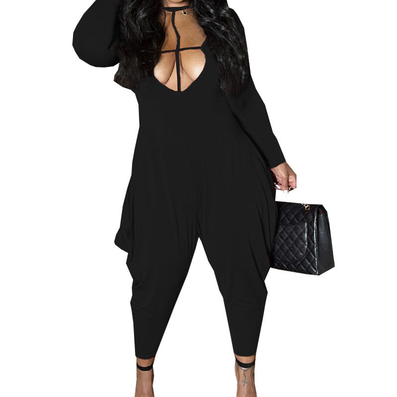 Women's Solid Round Neck Casual Long Sleeve Loose Jumpsuit