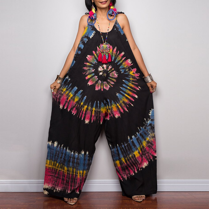 Tie-Dye Print Wide-Leg Tie-Up Loose Jumpsuit