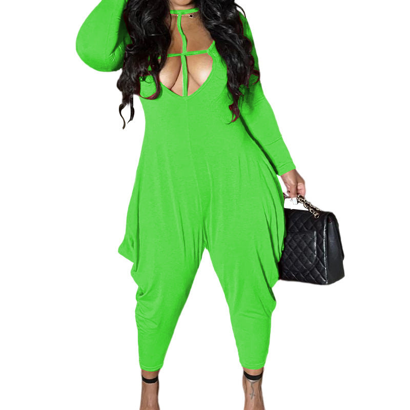 Women's Solid Round Neck Casual Long Sleeve Loose Jumpsuit