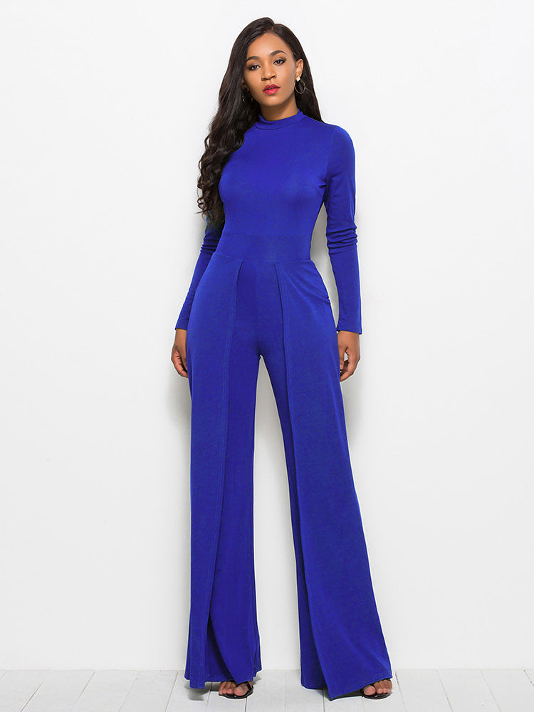 Fashion Round Neck Long Sleeve Wide Leg Jumpsuit