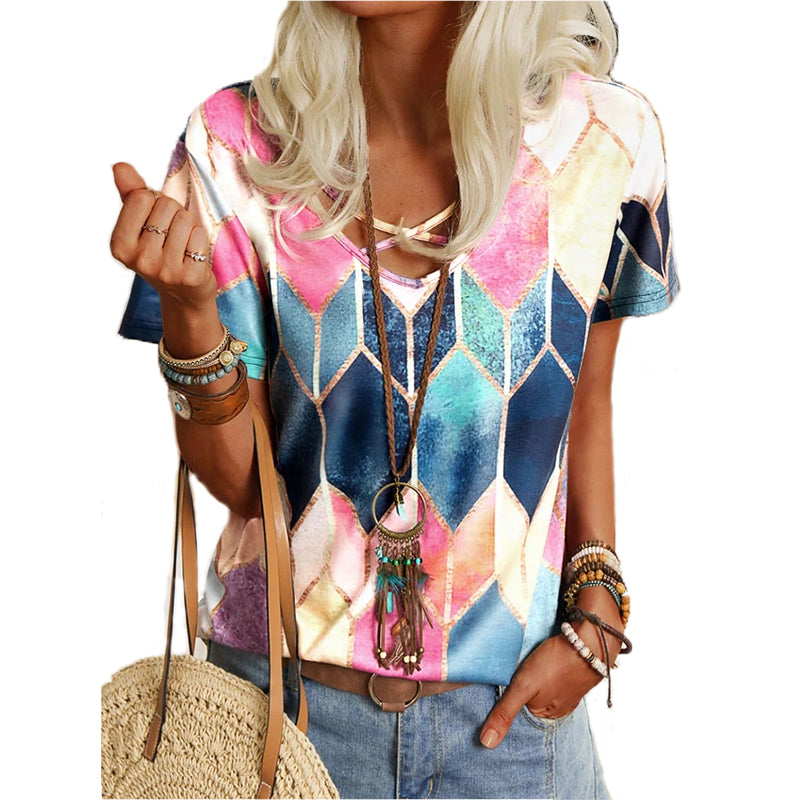 Women's Round Neck Diamond Retro Print Casual Top T-Shirt