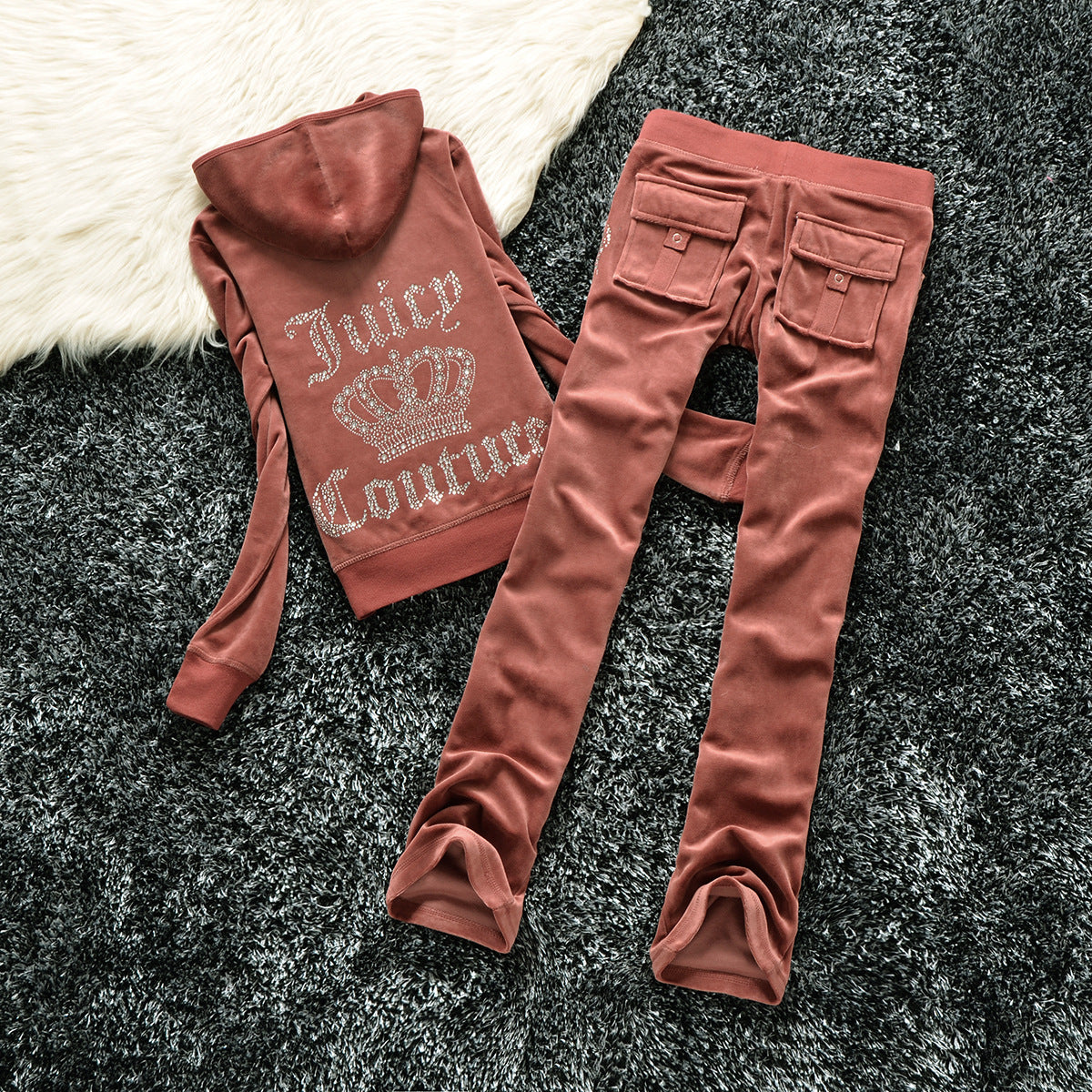 Gold Velvet Crown Hot Drill Letter Casual Sports Suit Women Hot Drill Two-piece Set