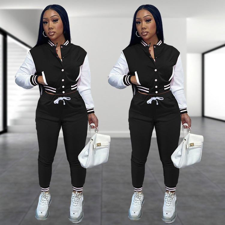 Women's Splicing Jacket Single Breasted Baseball Suit Women's Sports Two-piece Set