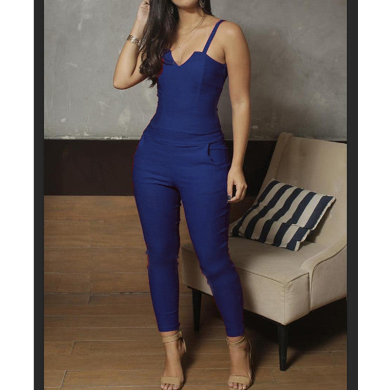 Ladies Summer Solid Color Skinny Jumpsuit High Stretch Suspender Jumpsuit