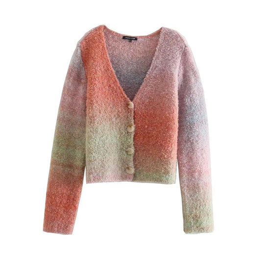 Women Contrasting Color Sweater Knit Jacket