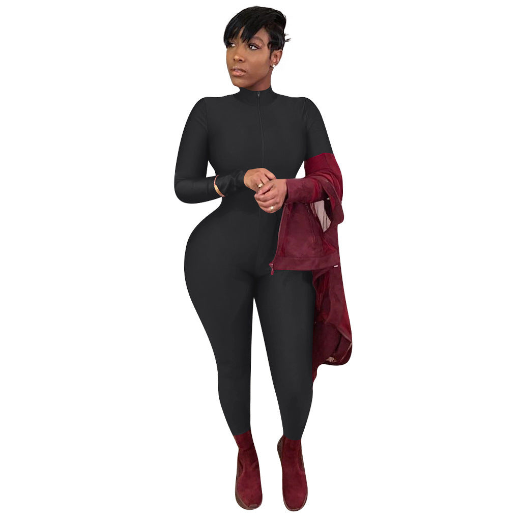 Women's Solid Color Long Zipper Tight-fitting Sexy Long-sleeved Jumpsuit