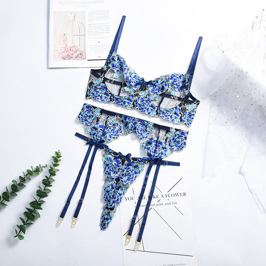 Blue Embroidered Lingerie Set Three Points