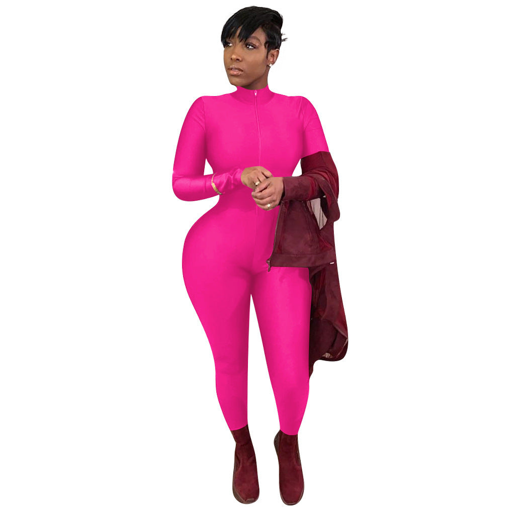 Women's Solid Color Long Zipper Tight-fitting Sexy Long-sleeved Jumpsuit