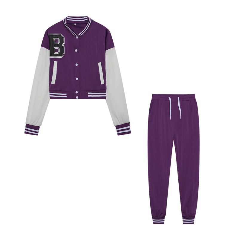 Women's B Letter Color Blocking Jacket Single Breasted Letter Printed Baseball Suit