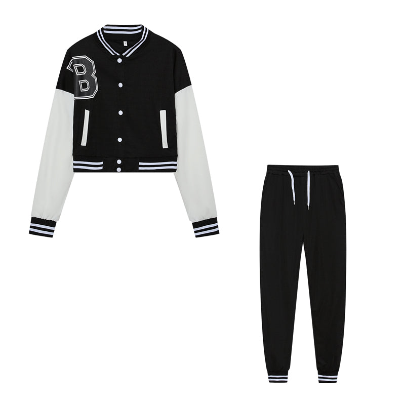 Women's B Letter Color Blocking Jacket Single Breasted Letter Printed Baseball Suit