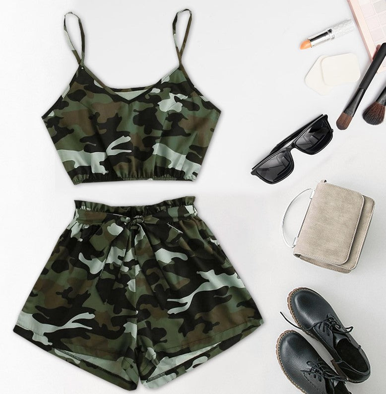 Camouflage Stitching European And American Sexy High Waist Two-piece Suit