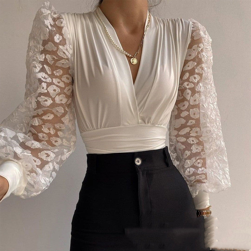 Fashion White Stitching Lace Casual Top