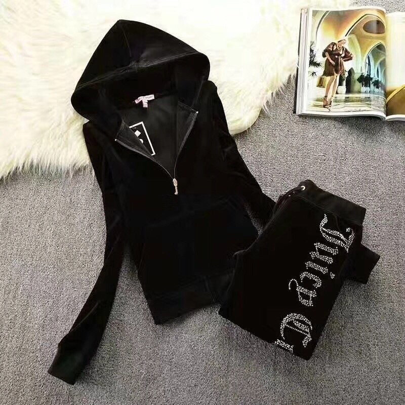 Gold Velvet Crown Hot Drill Letter Casual Sports Suit Women Hot Drill Two-piece Set