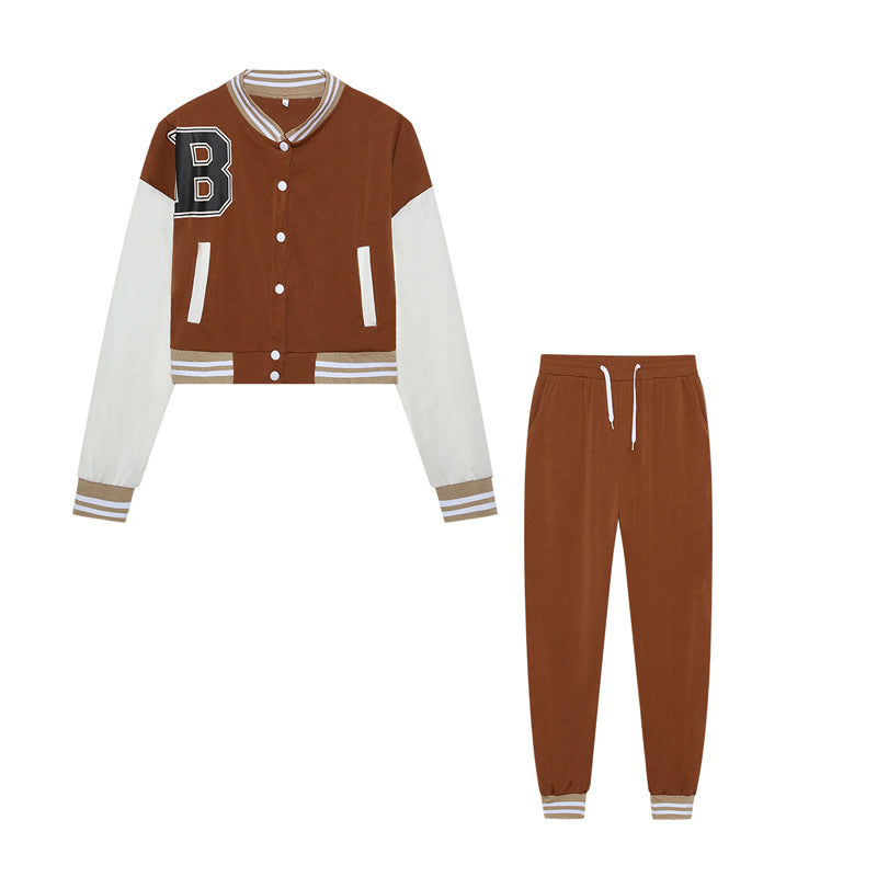 Women's B Letter Color Blocking Jacket Single Breasted Letter Printed Baseball Suit