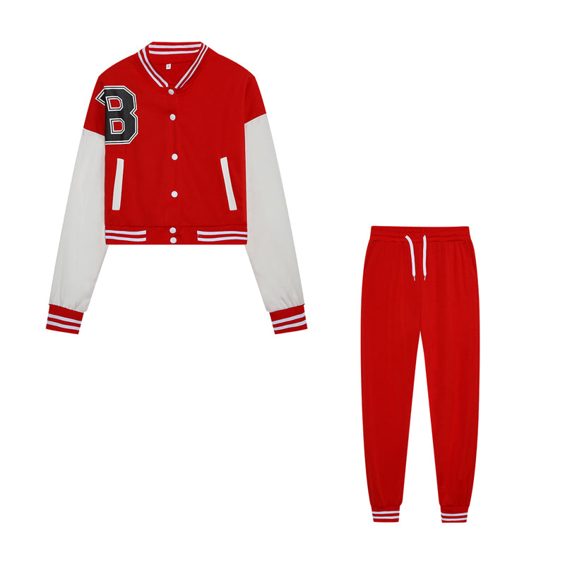 Women's B Letter Color Blocking Jacket Single Breasted Letter Printed Baseball Suit